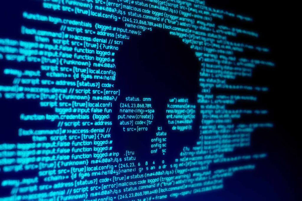 Screen displaying code in the shape of a skull