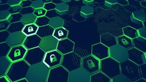 Green hexagon pattern with lock icons inside of the hexagons