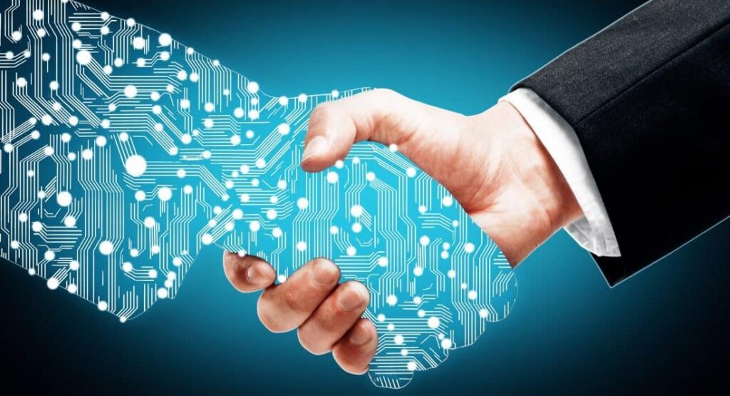 Businessman shaking digital partners hand on blue background