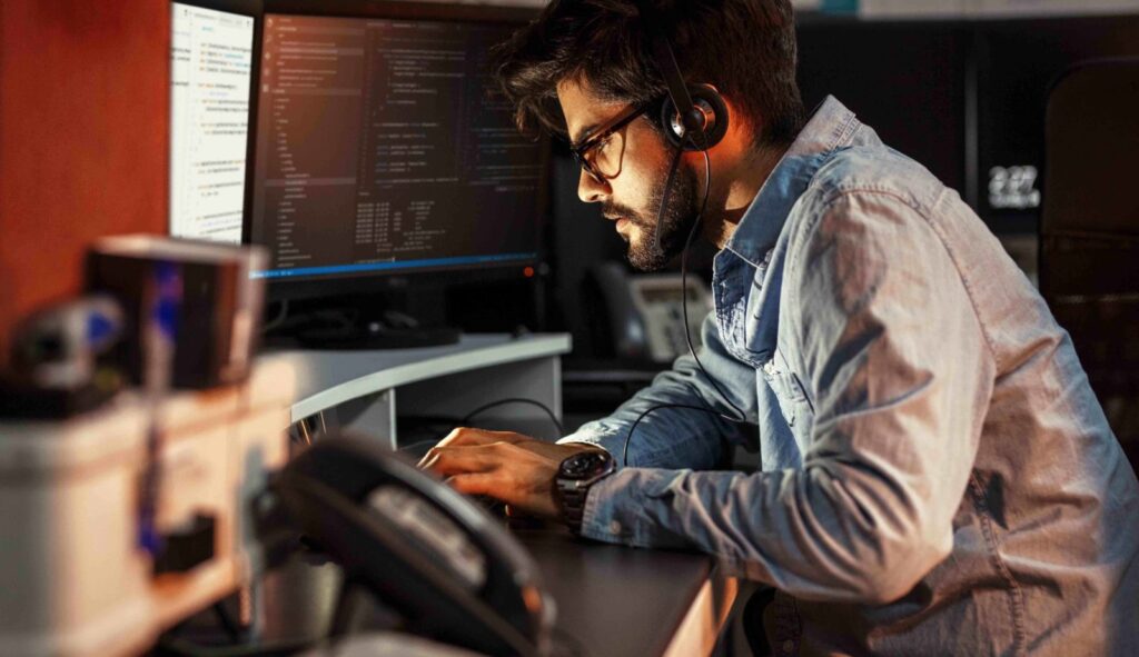 male programmer working on a project in front of computer
