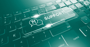 keyboard with green overlay and floating image above it that says "support"