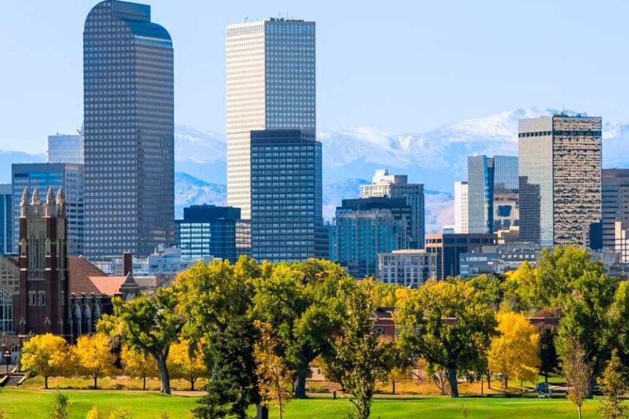 denver city view with mountains in background