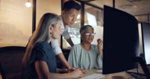 Night support, desktop and business people training, teamwork and asian help with website design. Global marketing, women and manager collaboration, ideas and online planning, information technology