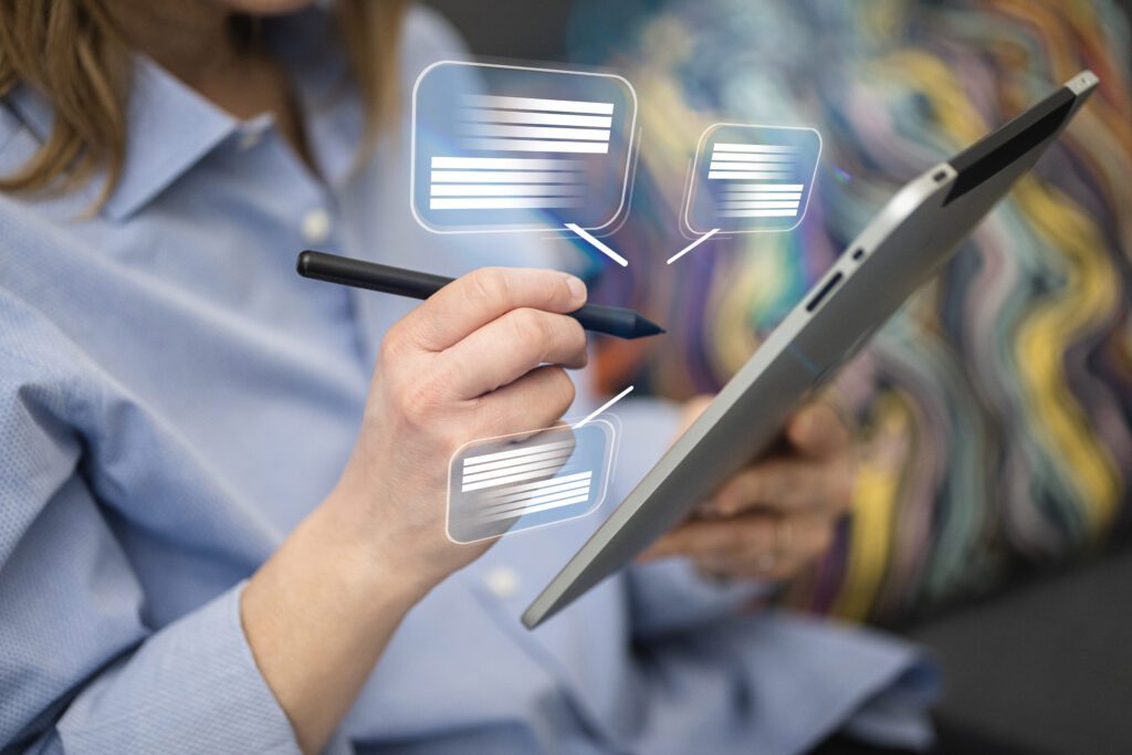 Colleagues share text on tablets. Online collaboration and remote team working. Business chat