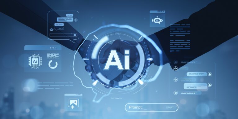 Two people shaking hands with AI tech icons, modern digital style, on a blue gradient background, concept of artificial intelligence deal