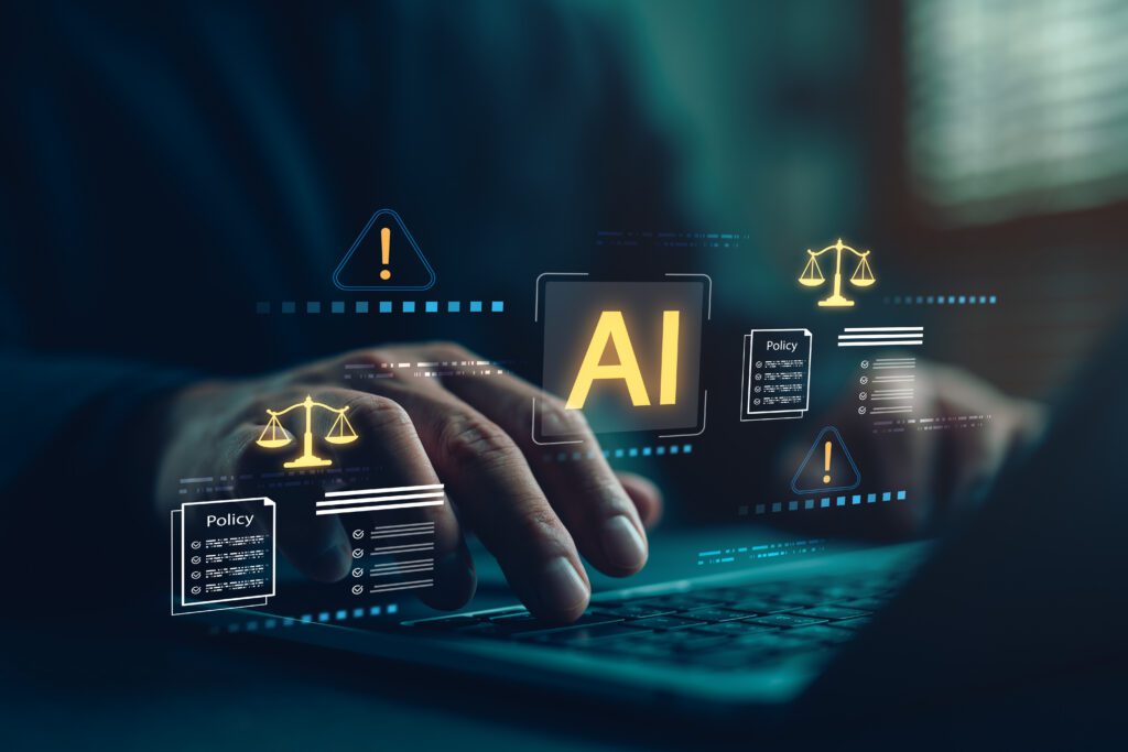 Businessman working on laptop with icons of AI regulation.