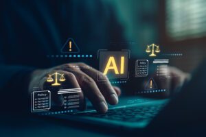 Businessman working on laptop with icons of AI regulation.