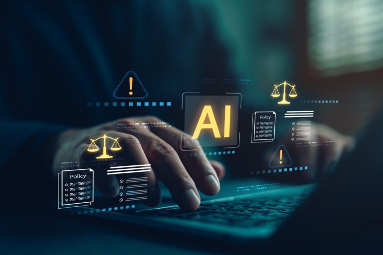 Businessman working on laptop with icons of AI regulation.